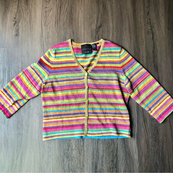 Michael Simon Rainbow Knit Cardigan Women’s Med VTG Y2K Metallic Sparkly Stripes - Picture 1 of 11